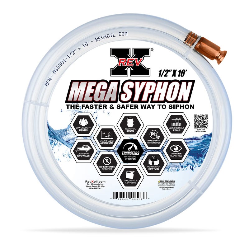REV X REV-X Mega Syphon - 1/2" x 10 Foot Long Self Priming Safe Siphon Hose for Water, Gas, Fuel, Diesel - Image 1